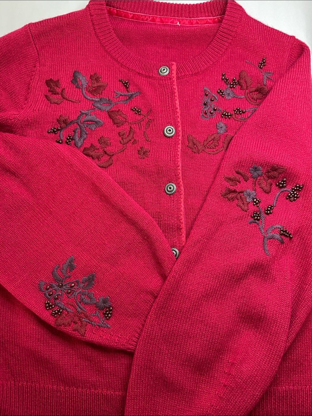 Sundance Beaded Embroidered Floral Cardigan Sweater Knit Berry Red Size Medium